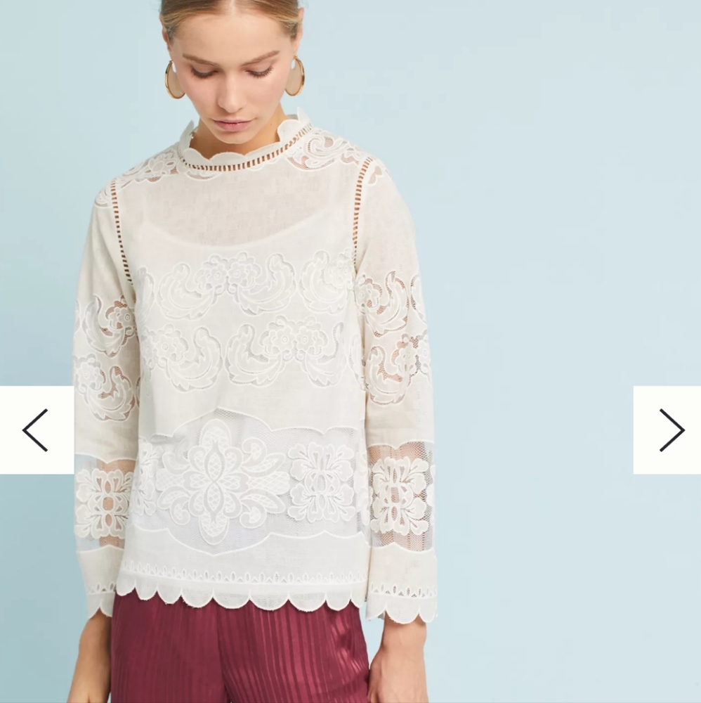 NWT Anthropologie James Coviello Embroidered Lace White Blouse - Sz 8